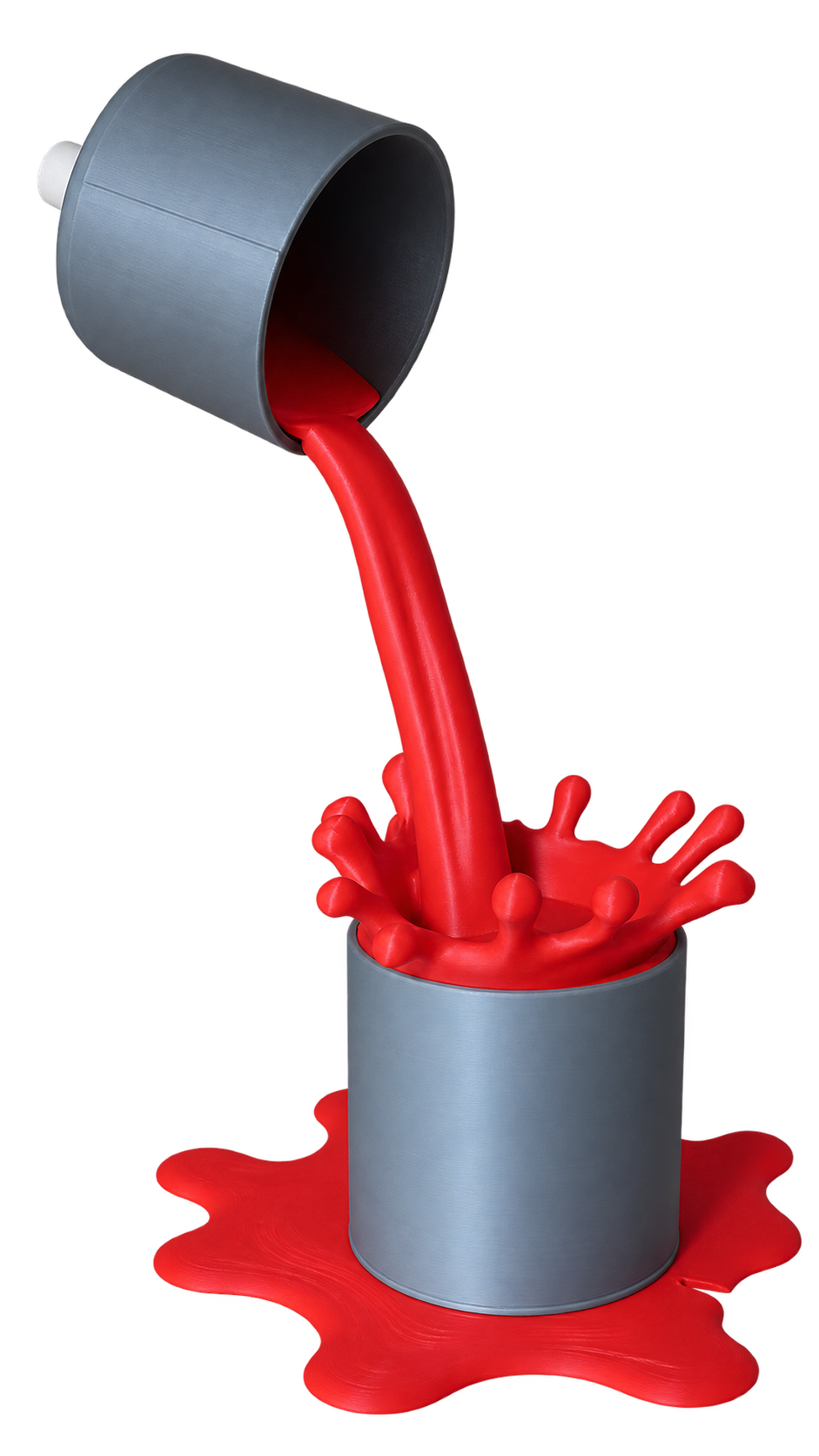 Scultura con barattoli sospesi e colata rossa