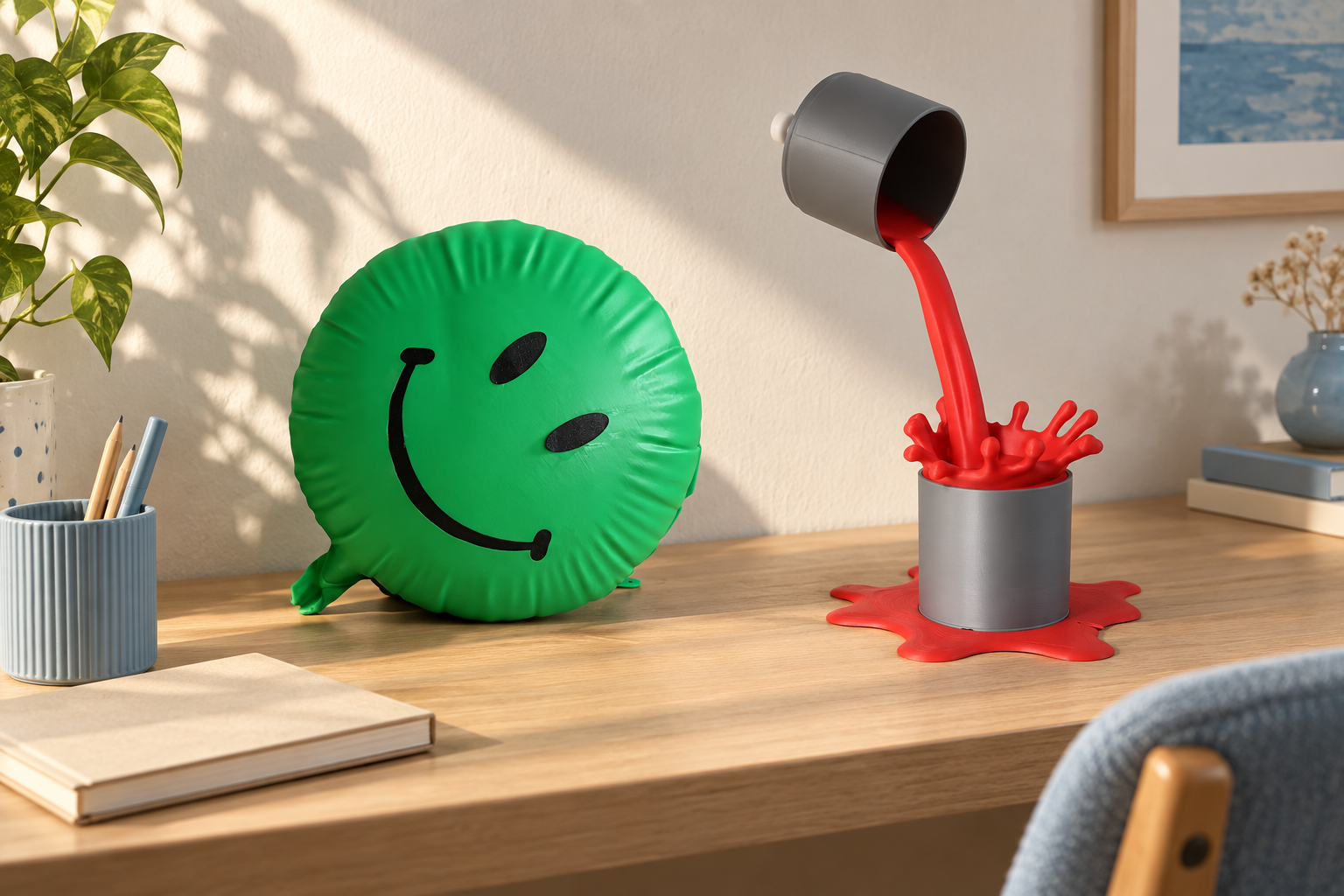 Ambientazione illustrativa: lo smile verde e la colata rossa in un angolo studio domestico
